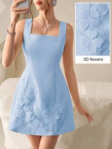 Modelyn 浅黄色3D立体花卉装饰收腰性感鸡尾酒裙，短款设计，适合约会和派对 - 藍色 - 查看 1
