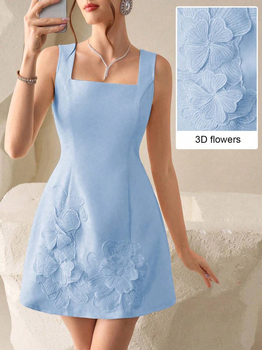 Modelyn Vestido de cóctel sexy de cintura ceñida con decoración floral 3D de color amarillo pálido, de longitud corta para citas y fiestas - Azul - Ver 1