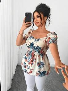 Elenzga Áo kiểu nữ cỡ lớn mùa hè mới, chất liệu chiffon in họa tiết, xếp ly, cổ vuông, tay phồng, ôm eo, phong cách retro, phù hợp cho kỳ nghỉ, đi làm hàng ngày, đi chơi, hẹn hò, họp mặt, tiệc tùng. - Nhiều màu - Xem 6