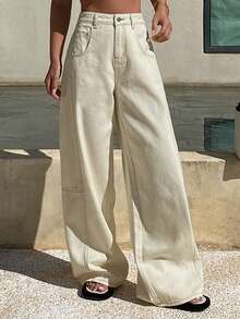 Livesso 女士休闲街头风宽松百搭牛仔裤 - 白色 - 查看 5