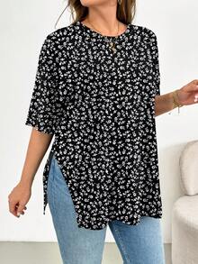 SHEIN Essnce 印花宽松圆领短袖T恤，侧开衩下摆，休闲度假风，大码可选，返校季必备 - 彩色 - 查看 1