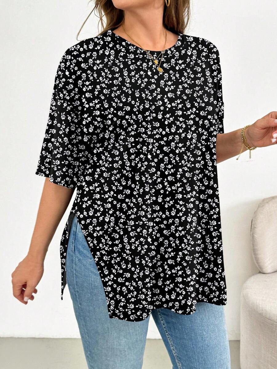 SHEIN Essnce 印花宽松圆领短袖T恤，侧开衩下摆，休闲度假风，大码可选，返校季必备 - 彩色 - 查看 1