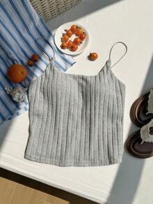 CovetEZ Plus Size Casual Fleece Ribbed Camisole Top With Built-In Bra - Grey - View 1