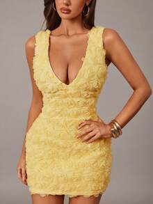 Radiana 优雅浪漫浅黄色3D玫瑰迷你连衣裙，V领修身款，性感短款连衣裙，约会连衣裙，度假连衣裙，适合夜晚、约会、派对、生日、鸡尾酒会、夜总会、海岛度假村、度假等场合，女士生日礼服，女士连衣裙，女士正式连衣裙 - 淡黃色 - 查看 6