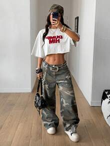 Coolane 女士字母印花落肩短款休闲宽松T恤 - 灰色 - 查看 5