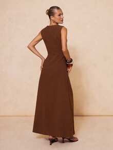 Lumalex Coffee Brown Summer Elegant Dining Dress For Women,100% Cotton Comfortable Ruched Asymmetrical Metallic Decor Sleeveless Quiet Luxury Party Dress - Coffee Brown - View 6