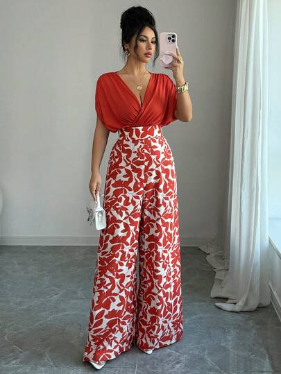 Elenzga Women's Elegant Commuter Floral Print Patchwork Jumpsuit, Summer