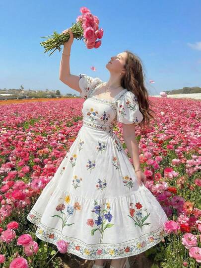 SHEIN MOD Plus Size Women's Floral Print Bohemian Dress, Suitable For Vacation, Romantic, Elegant,Spring/Summer Dresses, Vacation Dresses Garden Dress Flower Dress Woman Floral Wedding Dress