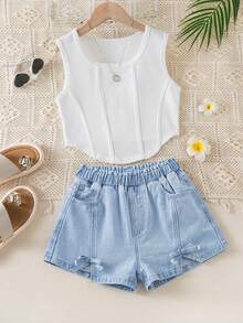 Shorts vaqueros informales para niñas preadolescentes, nuevo diseño con detalles delanteros rasgados y desgastados, y abertura lateral, lavado azul claro - Azul - Ver 7