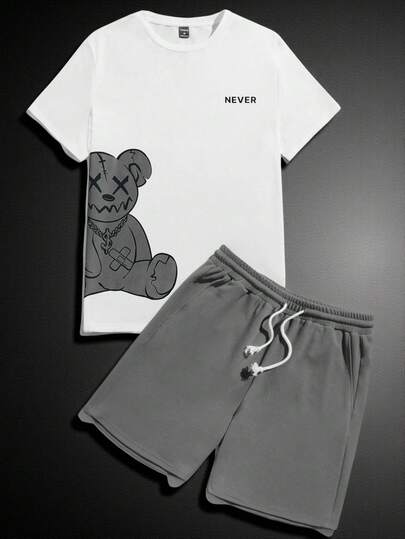 Manfinity BRENVOR Men's Letter & Fruit Print Round Neck Short Sleeve T-Shirt And Striped Shorts Casual Suit ,Men's Simple Chest Logo Graphic Tee And Shorts ,Summer Beach Outfit With Sunglasses Styling  ,Vertical Striped Green Shorts With White Drawstring ,Relaxed Fit Vacation Co-Ord Set Men ,Soft Blend Lounge Wear Set ,Preppy Style Apple Graphic T-Shirt Outfit ,Clean Aesthetic Summer Clothes For Guys ,Men's Summer 2-Piece Outfit ,Casual Beach Vacation Wear ,Clean Chest Graphic Tee