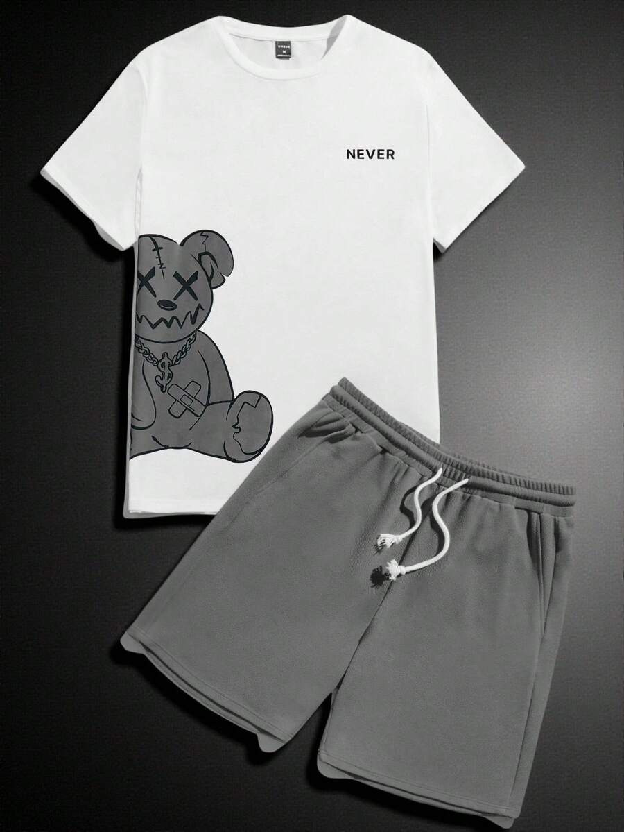 Manfinity VCAY Conjunto informal de camiseta y pantalones cortos de punto con estampado de oso para hombre, conjunto de verano, atuendos cómodos, cosas de pareja - Gris - Ver 1