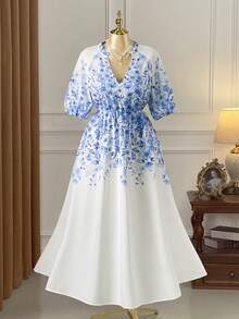 Rometta Elegant Women's Waist Cinched Ombre Ditsy Floral Dress - Blue and White - View 4