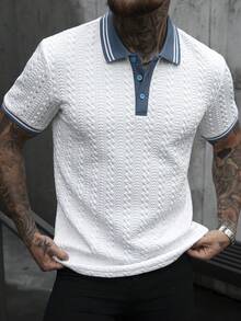 Manfinity Homme 男士经典领拼接针织 Polo 衫，商务休闲上衣，柔软亲肤面料，撞色简约设计，时尚通勤百搭上衣，可作为男士生日礼物 - 白色 - 查看 1