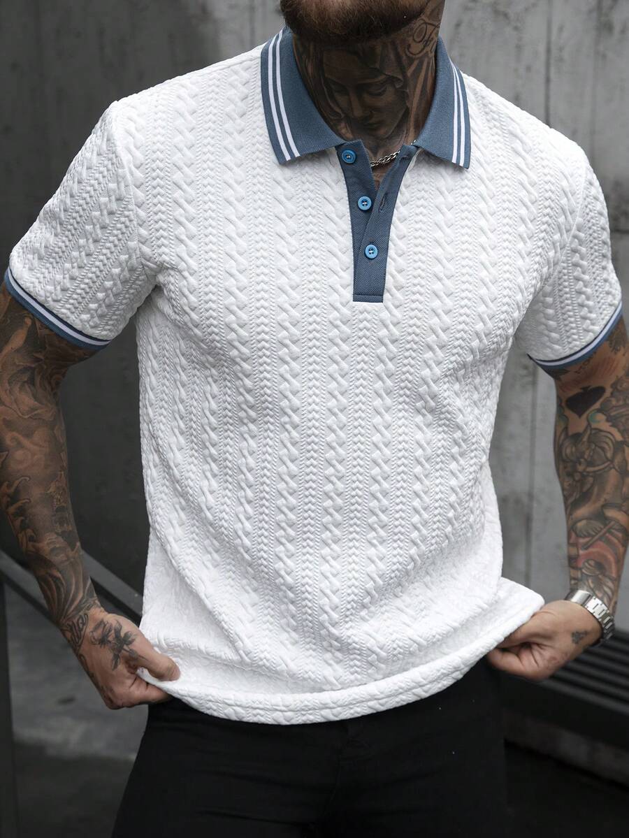 Manfinity Homme 男士经典领拼接针织 Polo 衫,商务休闲上衣,柔软亲肤面料,撞色简约设计,时尚通勤百搭上衣,可作为男士生日礼物 - 白色 - 查看 1