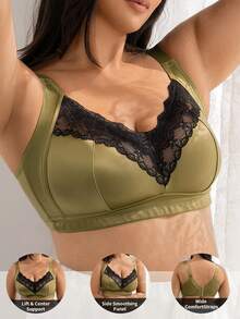 1pc Glossy Lace Patchwork Full Coverage Women's Bra - Army Green - View 6