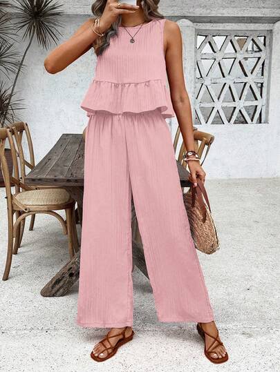 Breezaya Women's Solid Color Pleated Round Neck Top And Wide Leg Pants Casual 2 Pieces Set
