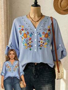 Rusticease Camisa de mujer de talla grande con estampado floral y de rayas de manga 3/4 para principios de primavera - Multicolor - Ver 1
