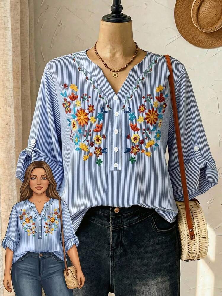 Plus Size Women's Early Spring Floral & Striped 3/4 Sleeve Shirt