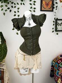 Sunspun Dark Chiffon Cap Sleeve Fitted Blouse - Army Green - View 6