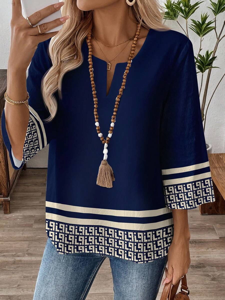 EMERY ROSE Plus Size Casual Striped & Geometric Print Shirt - Navy Blue - View 1