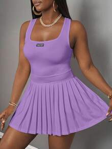 SHEIN Slayr 新款春夏休闲简约基础款U领背心，黑色标签和白色字样百褶裙，包括短裤和阔腿裤，白色针织面料女士迷你连衣裙-A - 紫色 - 查看 6