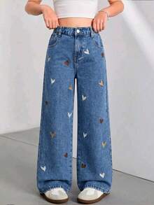 SHEIN Quần jeans ống rộng dáng suông phong cách Y2K dành cho bé gái tuổi teen, thêu hình trái tim, thích hợp cho đi chơi hàng ngày, đi học, đi làm và mùa tựu trường. - Rửa trung bình - Xem 8