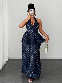 Maweii Plus Size Polka Dot Elegant Commuting Fashion Versatile 2 Pieces Set - Navy Blue - View 1