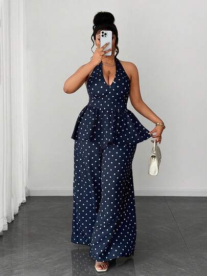 Maweii Conjunto de 2 piezas de talla grande con estampado de lunares, elegante y versátil para uso diario