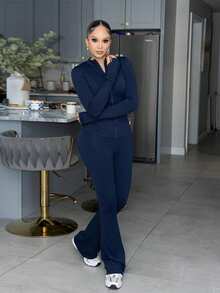 Melissa Matos 2 件套女士海军蓝拉链开衫和针织裤休闲套装、毛衣套装，秋冬 - 寶藍色 - 查看 4