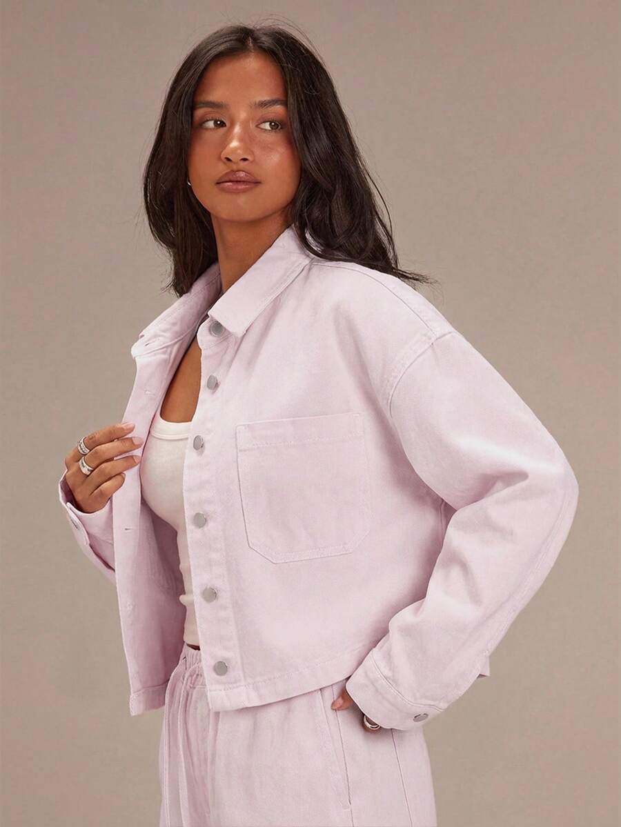 Athîral Denim Women's Casual Solid Color Denim Shirt - Baby Pink - View 1