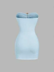 Sweetra Vestido mini ajustado y sexy sin tirantes con hebilla de metal para mujer - Azul - Ver 2