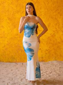 Andrea Bello 女式2025夏季露背系腰修身印花中长连衣裙 - 藍白色 - 查看 4