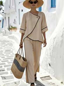 SHEIN Holidaya 女士两件套：斜领插肩袖上衣，饰以木质纽扣，不对称下摆；高腰阔腿裤，饰以撞色滚边；采用秋季亚麻质感梭织面料；休闲宽松版型 - 彩色 - 查看 6