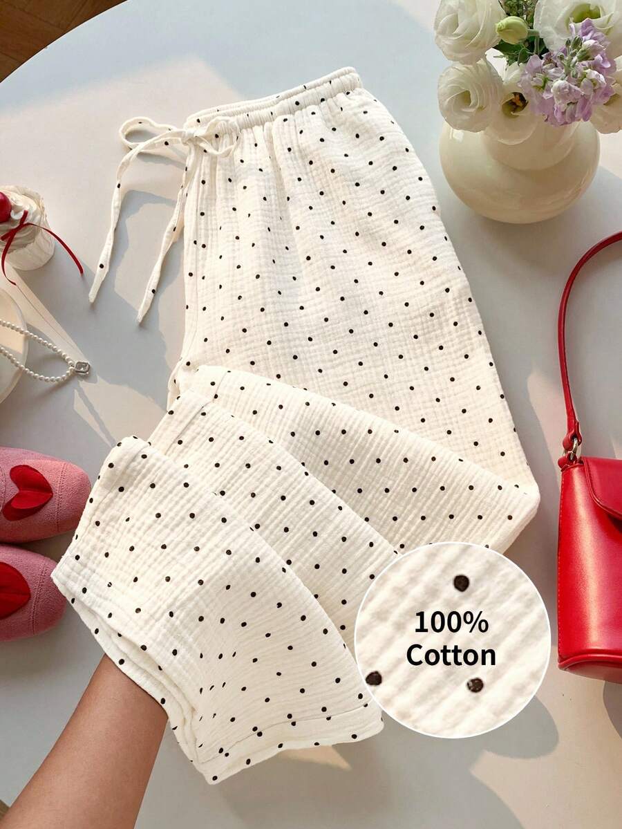 SHEIN EZwear 女款編織圓點圖案綁腰寬腿長褲 純棉 白色 夏季 度假款 - 白色 - 查看 1