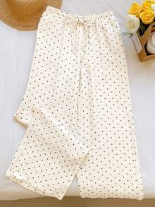 SHEIN EZwear 女款編織圓點圖案綁腰寬腿長褲 純棉 白色 夏季 度假款 - 白色 - 查看 5
