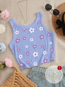 INAWLY Purple Floral Print Fitted Round Neck Tank Top For Plus Size Women - Multicolor - View 1