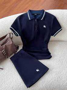 Elamini Spring & Summer Casual Collared Ruched T-Shirt And Embroidered A-Line Skirt 2-Piece Set, Navy Blue - Navy Blue - View 4