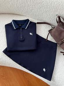 Elamini Spring & Summer Casual Collared Ruched T-Shirt And Embroidered A-Line Skirt 2-Piece Set, Navy Blue - Navy Blue - View 6