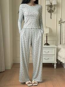Livesso Set de 2 piezas de ropa de estar en casa con patrón de corazón para mujer, adecuado para primavera, verano, otoño e invierno - Blanco - Ver 6