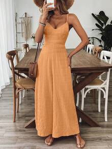 Breezaya Bộ jumpsuit nữ cổ chữ V hở lưng thắt nơ, màu đỏ hồng, thích hợp cho mùa xuân/hè. - Màu Cam san hô - Xem 6
