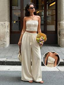 Serisse 女士度假休闲纯色抹胸上衣和裤子两件套 - 杏色 - 查看 6