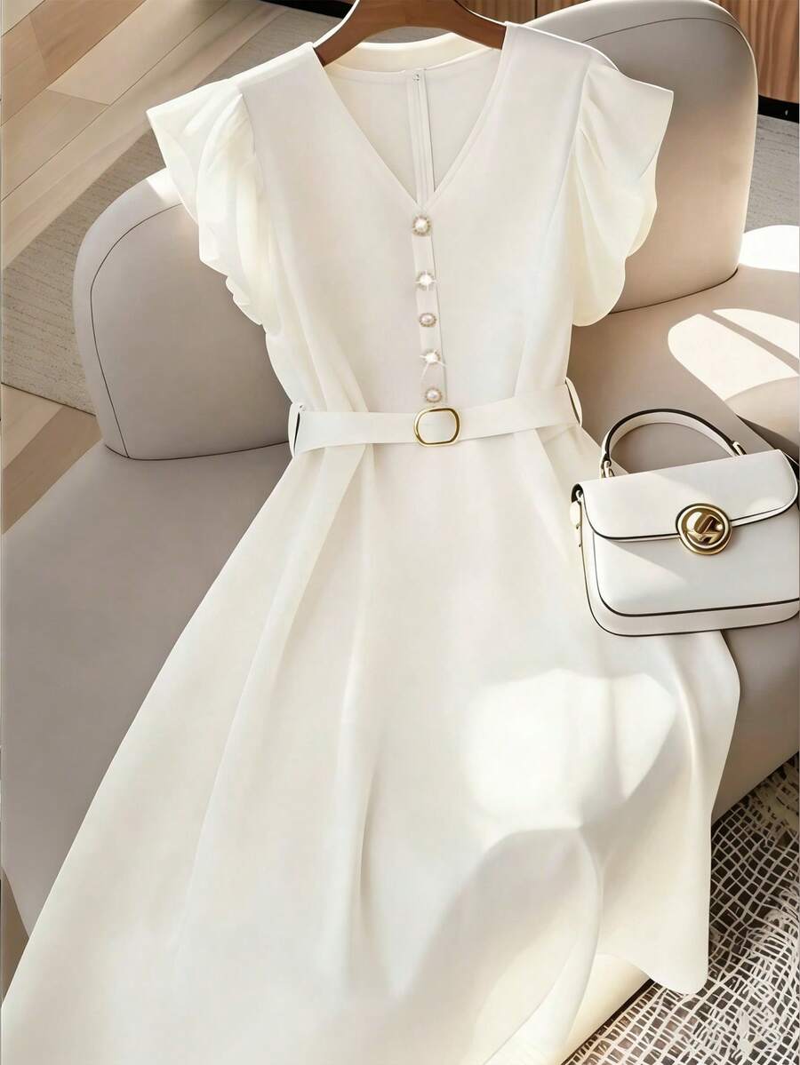 GlowEve Vestido midi elegante de mujer con cuello en V de satén, volantes en los brazos y cinturón, romántico para fiestas, temporada de bodas, verano - Albaricoque - Ver 1