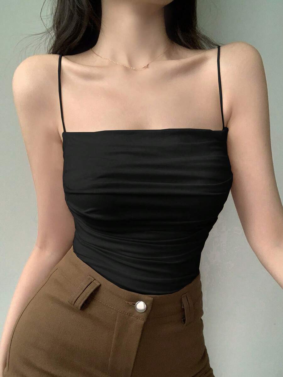 Camiseta sin tirantes plisada de unicolor para mujer, top casual y sexy de verano - Negro - Ver 1