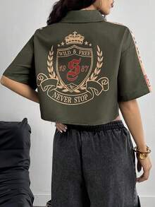 Coolane 女士加大码夏季街头风返校节运动印花露脐宽松绿色衬衫，短袖上衣 - 軍綠色 - 查看 6