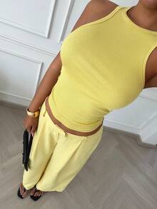 Slaydiva Casual Pale Yellow Tank Top And Wide Leg Pants 2 Pieces Set, Summer - Yellow - View 6