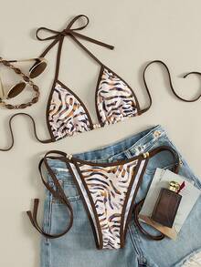 Swim Vcay Bộ 2 món bikini tam giác buộc dây cổ, họa tiết da báo ngẫu nhiên, gợi cảm, thanh lịch, thích hợp cho bãi biển và tiệc bể bơi. - Nhiều màu - Xem 2