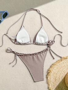 Swim Mod Women's Striped Nautical Style Patchwork Frill Trim Tie-Up Bikini Set - Brown - View 5