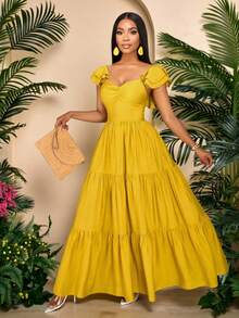 SOLERSUN 女士纯色时尚日常休闲优雅度假浪漫波西米亚海滩度假露背V领褶皱A字长裙飘逸优雅夏季夏威夷摆裙 - 芥末黃 - 查看 8