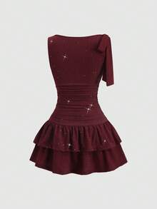 Sweetra Women's Elegant Commute & Party Mini Dress With Bowknot Tie, Cake Skirt, Shiny Black Fabric, Suitable For Spring - Burgundy - View 2