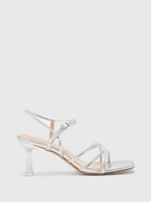 CUCCOO BIZCHIC Silver Color French Criss-Cross Open Toe Stiletto High Heel Shoes For Women - Silver - View 2